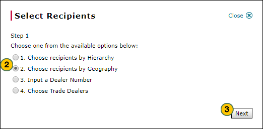 Select dealer users by geography, step 1 of 4.